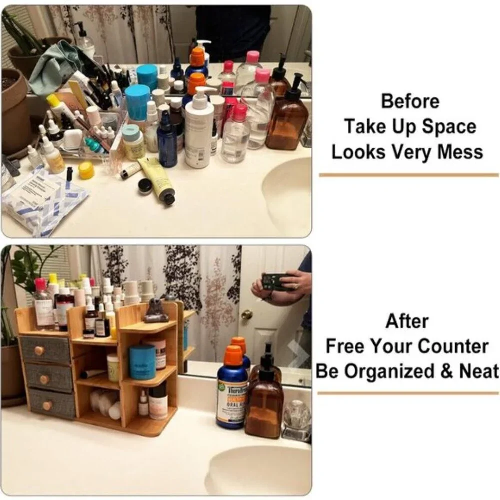 Bamboo Makeup Organizer with Brush Holder, Drawers & Shelves for Vanity & Room
